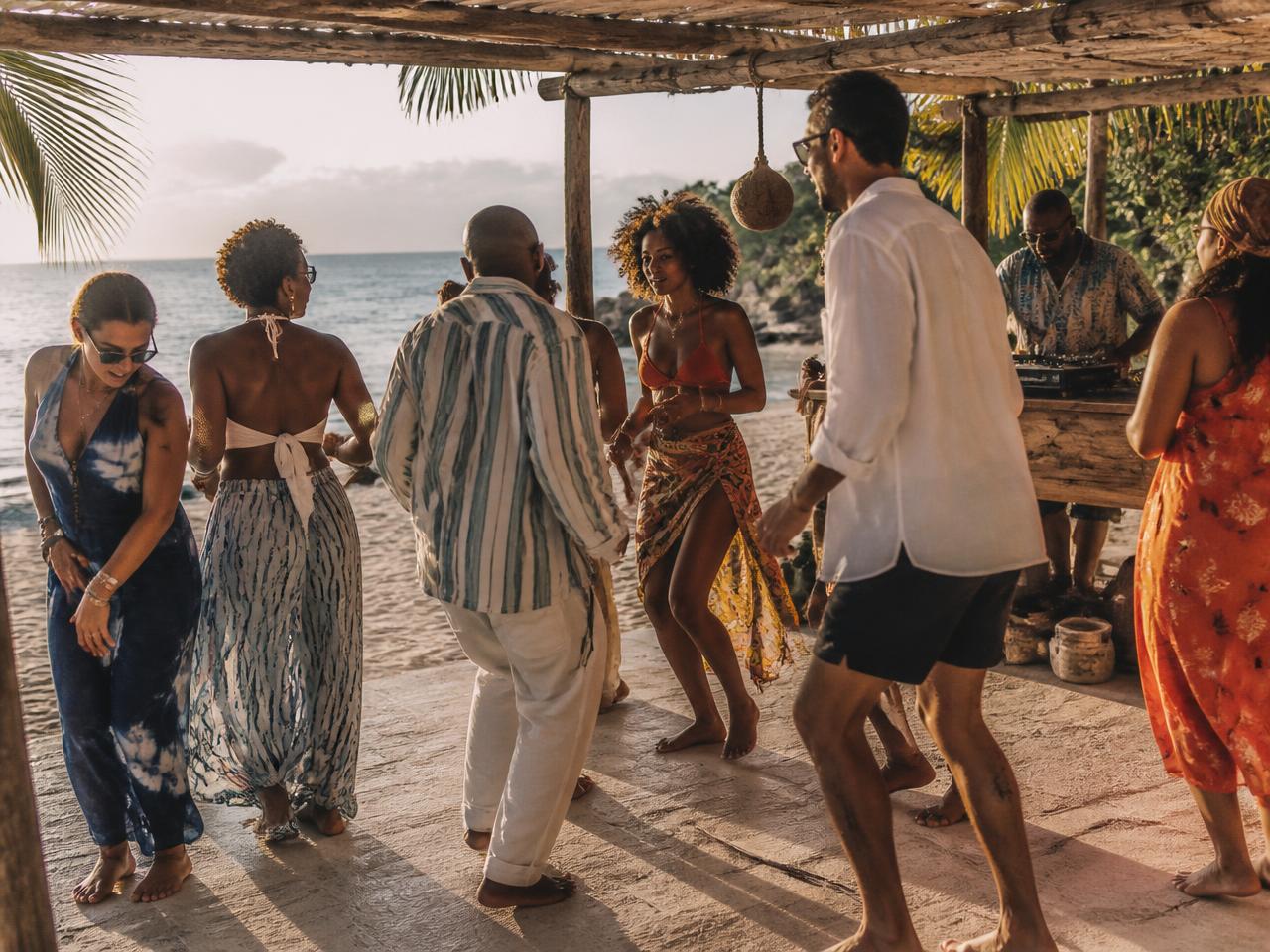 A daytime POW! gathering by the water: friends dancing barefoot as a selector plays vinyl.